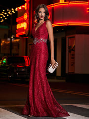 Plunging V-Neck Beaded Sheath Lace Gown Burgundy Plus Size
