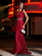 Plunging V-Neck Beaded Sheath Lace Gown Burgundy Plus Size