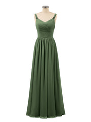 V neck Chiffon Long Dresses with Straps Olive Green