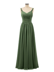 V neck Chiffon Long Dresses with Straps Olive Green