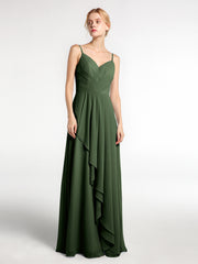 Spaghetti Strap Sweetheart Cascade Skirt Dress Olive Green