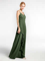 Spaghetti Strap Sweetheart Cascade Skirt Dress Olive Green