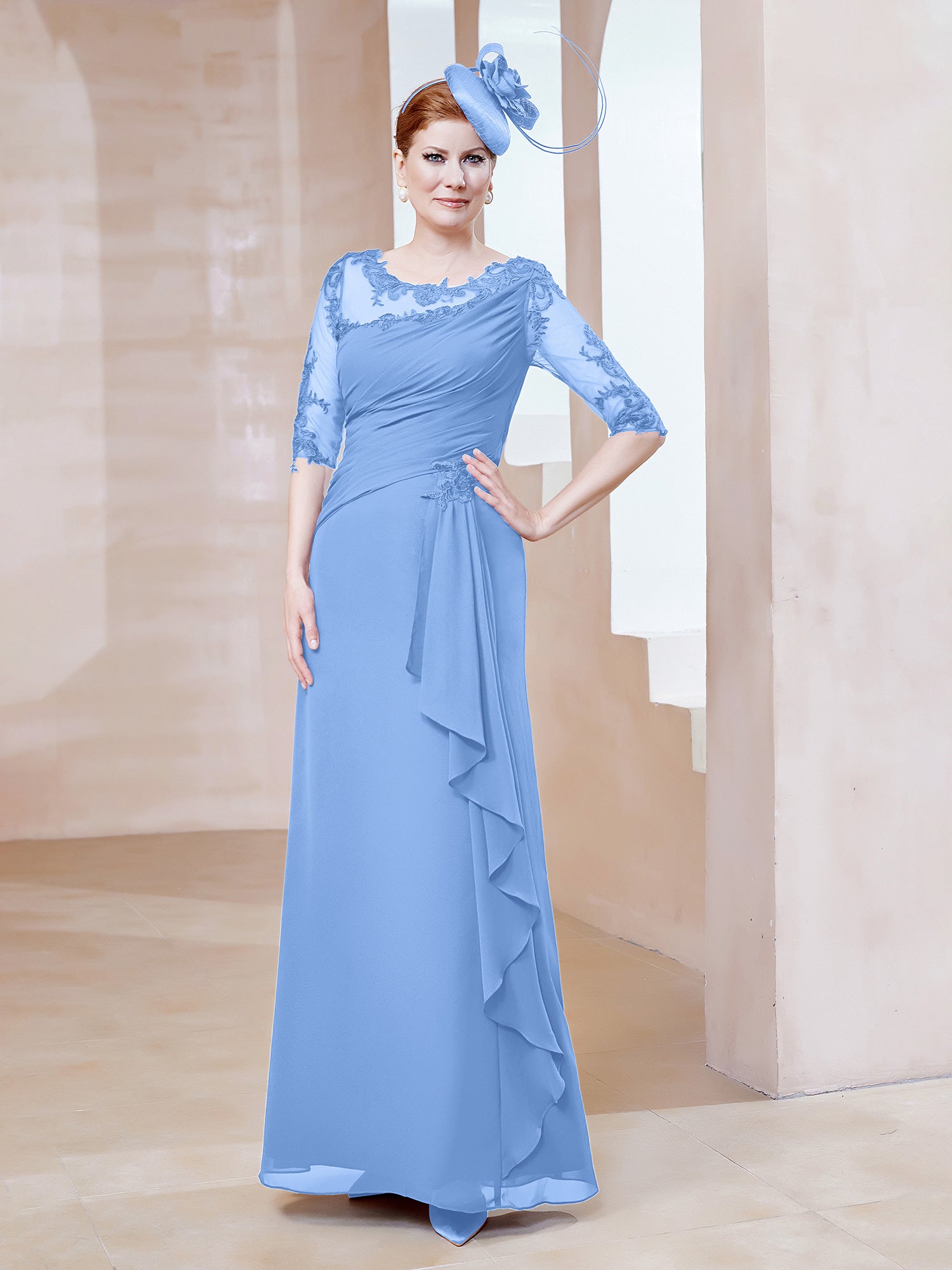 BABARONI Chiffon Blue Mother of the Bride Dresses Sheath/Column Scoop ...
