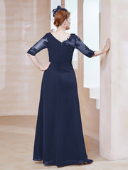 Illusion Neckline Half Sleeve Chiffon Dress Dark Navy