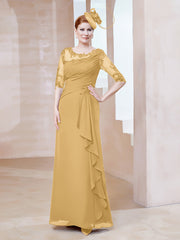 Illusion Neckline Half Sleeve Chiffon Dress Gold Plus Size
