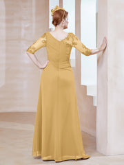 Illusion Neckline Half Sleeve Chiffon Dress Gold