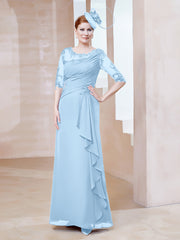 Illusion Neckline Half Sleeve Chiffon Dress Sky Blue