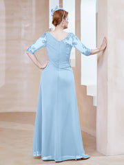 Illusion Neckline Half Sleeve Chiffon Dress Sky Blue