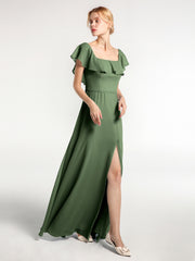 Square Neck Maxi Chiffon Dress with Front Slit Olive Green