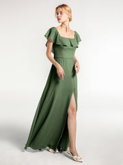 Square Neck Maxi Chiffon Dress with Front Slit Olive Green