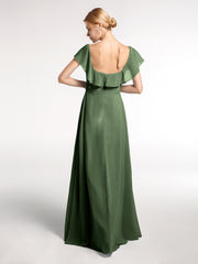 Square Neck Maxi Chiffon Dress with Front Slit Olive Green