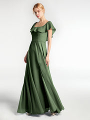 Square Neck Maxi Chiffon Dress with Front Slit Olive Green
