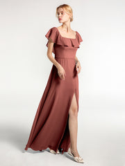 Square Neck Maxi Chiffon Dress with Front Slit Terracotta