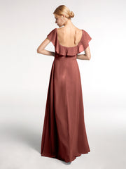Square Neck Maxi Chiffon Dress with Front Slit Terracotta