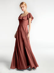 Square Neck Maxi Chiffon Dress with Front Slit Terracotta