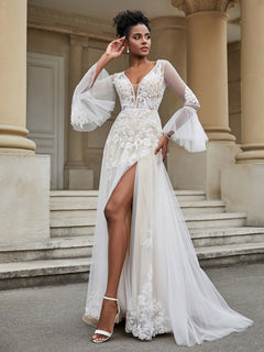 A-Line Long Sleeves Lace Tulle Wedding Dress Ivory