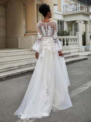 A-Line Long Sleeves Lace Tulle Wedding Dress Ivory