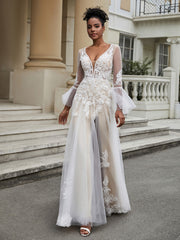 A-Line Long Sleeves Lace Tulle Wedding Dress Ivory