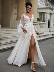 A-Line Long Sleeves Lace Tulle Wedding Dress As Picture