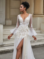 A-Line Long Sleeves Lace Tulle Wedding Dress As Picture