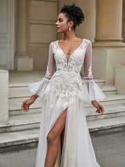 A-Line Long Sleeves Lace Tulle Wedding Dress Ivory