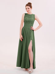 Lace And Chiffon Long Dress with Slit Olive Green