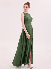 Lace And Chiffon Long Dress with Slit Olive Green