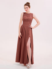 Lace And Chiffon Long Dress with Slit Terracotta