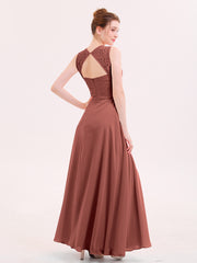 Lace And Chiffon Long Dress with Slit Terracotta