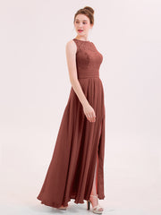 Lace And Chiffon Long Dress with Slit Terracotta