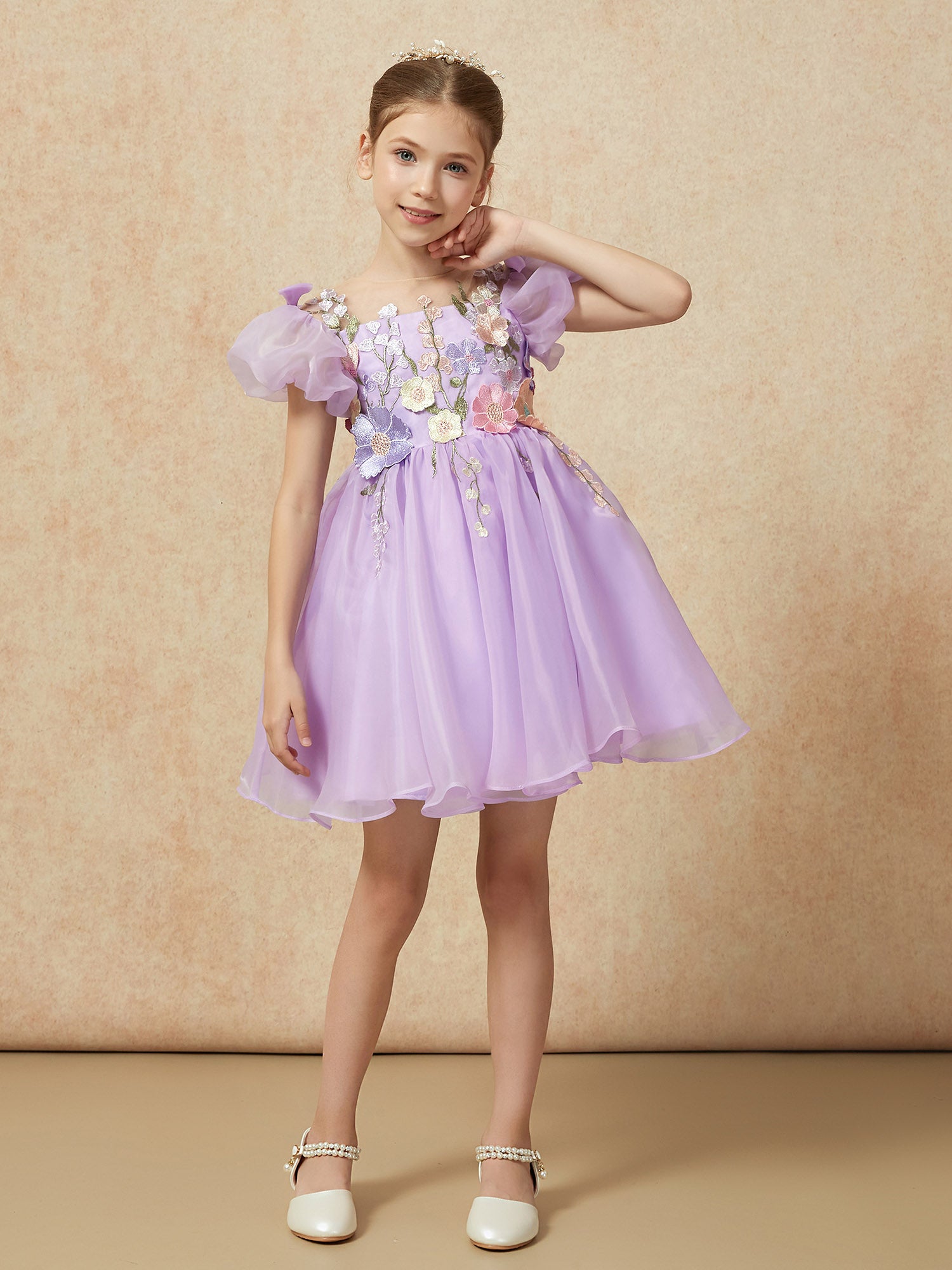 BABARONI Organza Flower Girl Dresses A-line Illusion Knee-length Cap ...