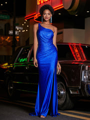 One Shoulder Jersey Gown With Slit Royal Blue Plus Size