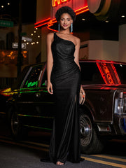 One Shoulder Jersey Gown With Slit Black Plus Size