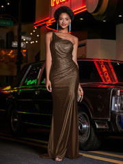 One Shoulder Jersey Gown With Slit Brown