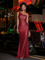 One Shoulder Jersey Gown With Slit Burgundy Plus Size