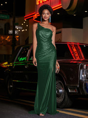 One Shoulder Jersey Gown With Slit Dark Green