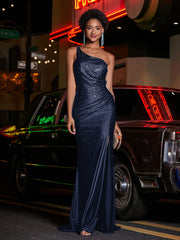 One Shoulder Jersey Gown With Slit Dark Navy