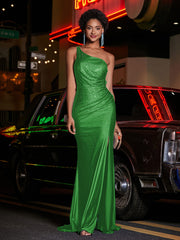 One Shoulder Jersey Gown With Slit Green Plus Size