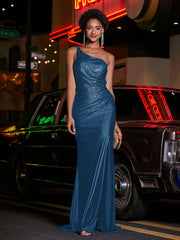 One Shoulder Jersey Gown With Slit Ink Blue