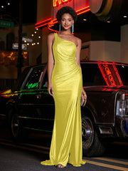 One Shoulder Jersey Gown With Slit Lemon Plus Size