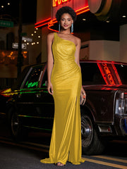 One Shoulder Jersey Gown With Slit Marigold