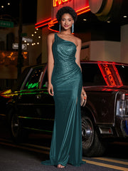 One Shoulder Jersey Gown With Slit Peacock Plus Size