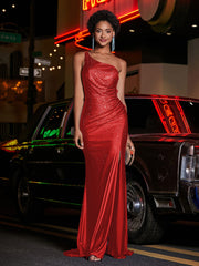 One Shoulder Jersey Gown With Slit Red Plus Size