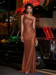 One Shoulder Jersey Gown With Slit Rust Plus Size