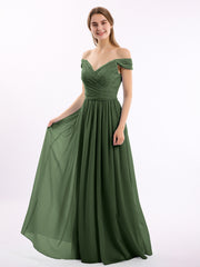 Long Cap Sleeves Chiffon Dress with Lace Top Olive Green
