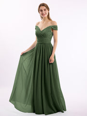 Long Cap Sleeves Chiffon Dress with Lace Top Olive Green