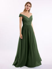 Long Cap Sleeves Chiffon Dress with Lace Top Olive Green