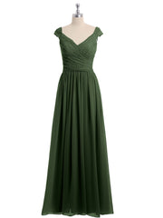 Long Cap Sleeves Chiffon Dress with Lace Top Olive Green