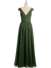 Long Cap Sleeves Chiffon Dress with Lace Top Olive Green