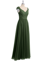 Long Cap Sleeves Chiffon Dress with Lace Top Olive Green